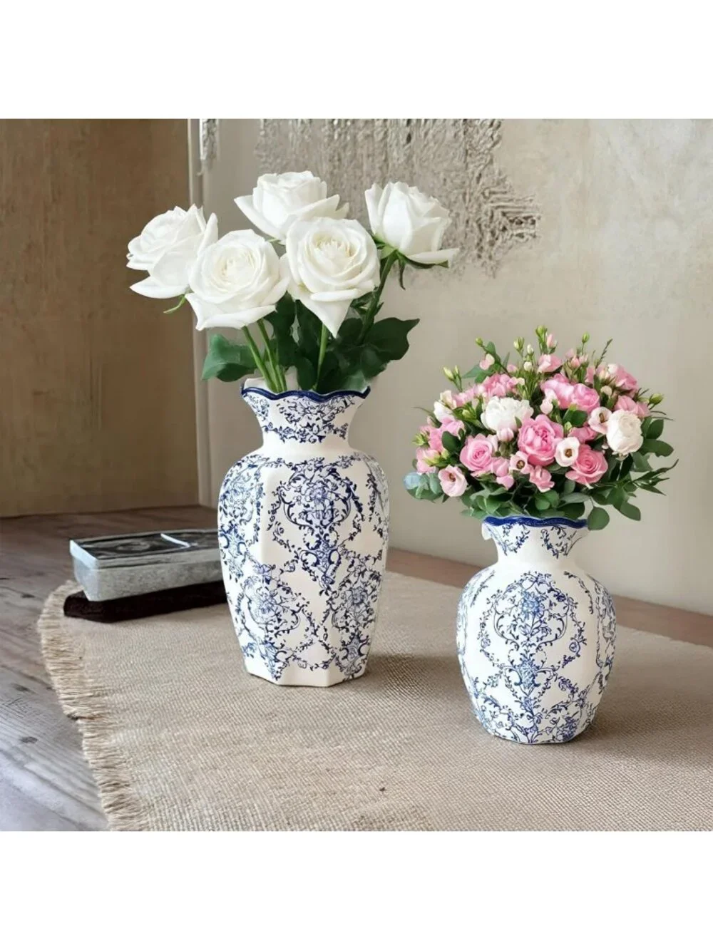 Chinoiserie Blue & White Ceramic Vase - 5.9” Vintage Home Decor for Flowers